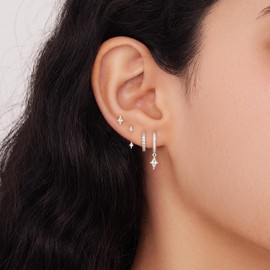 Silver Stud Hoop Earrings Set for Women, Trendy Dangle Jacket Huggie Stacks for Multiple Piercing, Hypoallergenic Cartilage Jewelry Gifts White CZ Geometrical Drop