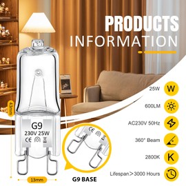 Lumlog G9 Halogen Bulbs Warm White Dimmable 25W, 12 Pcs 230V G9 Bulbs, 300℃ High Temperature Resistant for Lighting Decor, No Flickering