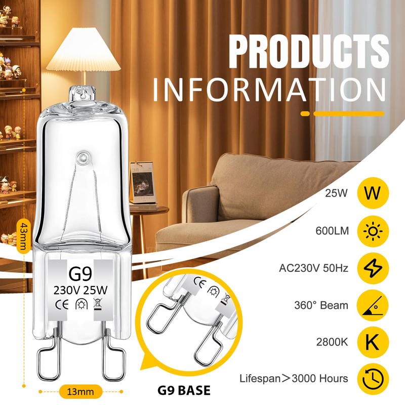 Lumlog G9 Halogen Bulbs Warm White Dimmable 25W, 12 Pcs