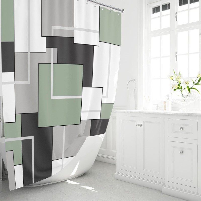 BTTN Sage Green Fabric Shower Curtain, Modern Geometric Neutral Cloth