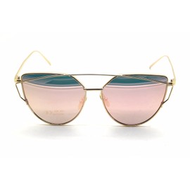 Boolavard Large Oversized Cat Eye Sunglasses Flat Mirrored Lens Metal Frame Women Fashion (Gold Frame/Gold Lense)