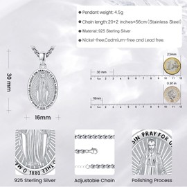 Eusense Archangel Michael/Saint Christopher/Saint Jude Thaddeus/Seven Archangels/Holy Mary/Jesus Cross Pendant Amulet Necklace Gifts 925 Silver Christian Chain Jewellery Men Women, Sterling Silver, No