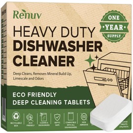 Heavy Duty Dishwasher Cleaner and Deodorizer Tablets, Descaler, Deep Cleaning, Natural Odor and Smell Remover, Calcium, Limescale, Hard Water Marks, Grease, Septic Safe Pods (12 Tabs - 1 Yr Supply)
