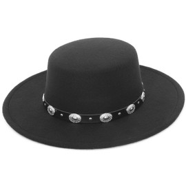 GEMVIE Womens Felt Bowler Boater Hat Vintage Wide Brim Flat Top Hat Buckle Belt Fedora Church Jazz Hat