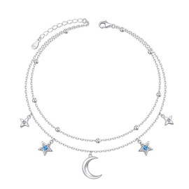 HOOHWE Star Moon Anklet for Women Moon Stars Anklet Bracelet Double Foot Chain Beach Anklets Jewelry Birthday Gifts for Her
