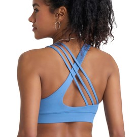POPSUGAR Sports Bra for Women, Criss-Cross Back Padded Strappy Yoga Bra Workout Tops with Medium Support and Removable Cups Blue Mist, XLarge