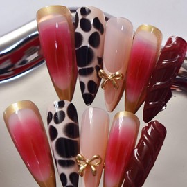 3D Almond Press on Nails Long Gold Curve Line Fake Nails French Tip False Nails with Bow Leopard Print Designs Pink Gradient Almond Glue on Nails Stick on Nails for Women Girls 24Pcs
