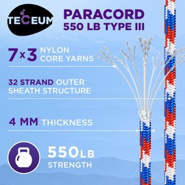 TECEUM Paracord Type III 550 Patriot – 1000 ft – 4mm – Tactical Rope MIL-SPEC – Outdoor para Cord –Camping Hiking Fishing Gear and Equipment – EDC Parachute Cord – Strong Survival Rope 910b
