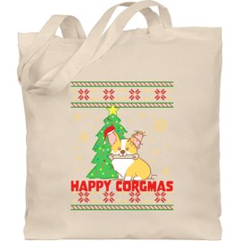 Shirtracer - Cotton Bag - Christmas Gifts Christmas Clothing - Happy Corgmas with Pattern, 3 natural white