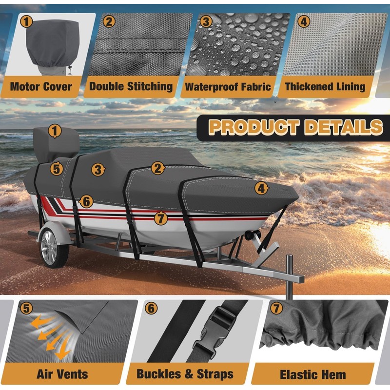 VINPATIO 14-16 ft V-Hull Boat Cover, 600D Solution-Dyed Oxford 100%