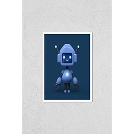 Poster Reproduction of Little cute blue robot with antenna. Friendly kawaii bot with glowing smiling face on the screen. Lovely Robotic Toy. Concept art of funny personal assistant robot. 3d