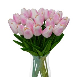 Nature's Mimic - 20 tulipanes rosados, flores artificiales de poliuretano de 13 pulgadas, tulipanes falsos para el día de la madre, Pascua, en el hogar, cocina, boda, comedor, decoración de mesa