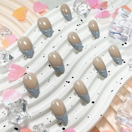 COCDLAN Press on Nails Medium Blue Fake Nails Almond Glossy 3D False Nails Tips Acrylic Glossy Glue on Nails Cute Nail Art Decorations for Women 24Pcs