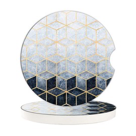 BAMOWEY Gradient Black Grey Cubes Car Cup Holder Coasters,2 Pack Universal Car Ceramic Coaster,Cork Base with A Finger Notch for Most Car Interior