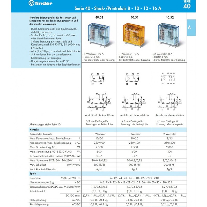 finder 40.52.7.024.0000 Print Relay 24 V/DC 8A 2 Changer Pack