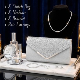 GANZHOUYILAN 4 Pcs Silver Glitter Clutch Purse and Jewelry Set for Women, Sparkly Evening Handbag with Rhinestone Tennis Necklace Bracelet Dangle Earrings, Prom Wedding Bridal Accessories Party