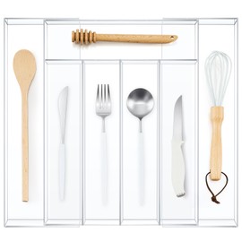 Teenyyou 1 Pack Expandable Kitchen Drawer Organizer Clear Acrylic Utensil Organizer Adjustable Acrylic Silverware Storage for Drawers Silverware Flatware Knives (12 x 16 Inches,5-7 Compartments)