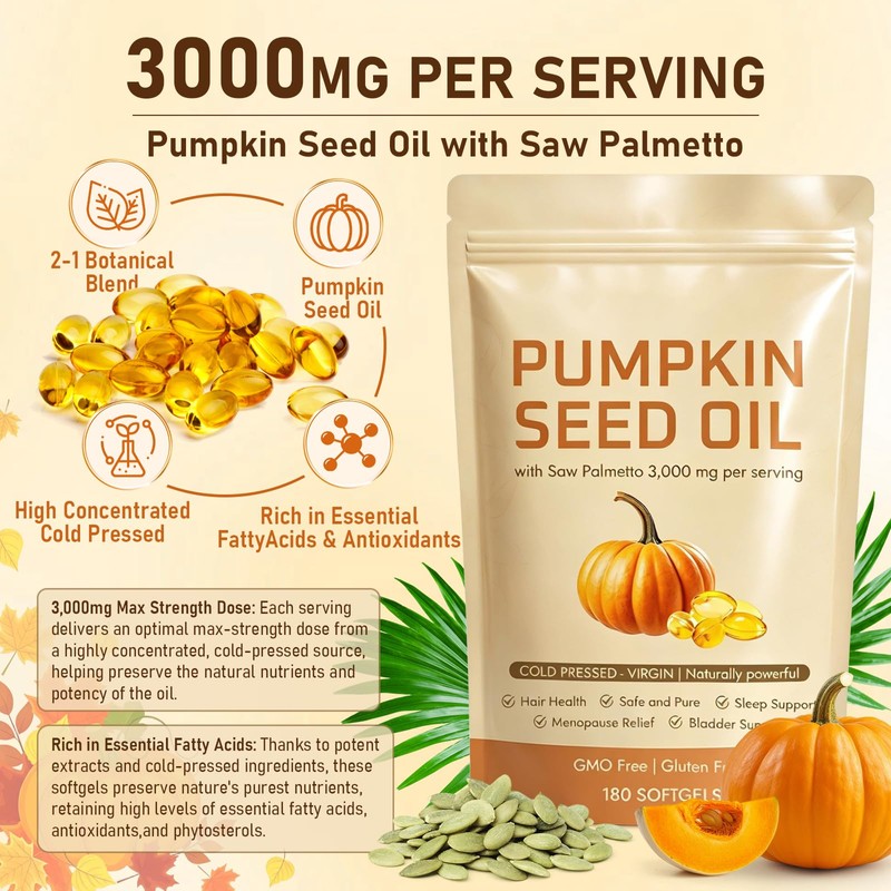 Pumpkin Seed Oil with Saw Palmetto,Daily Wellness Support, 180 Softgels
