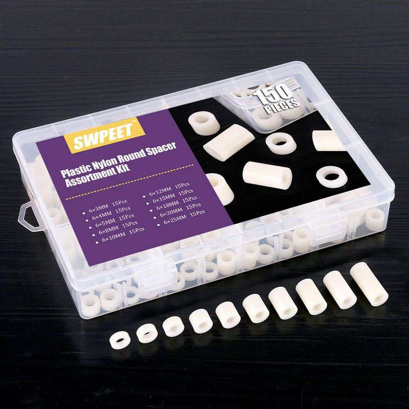 Swpeet 150Pcs Nylon Round Spacer Standoff Screw Nut Assortment Kit,