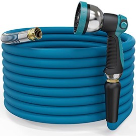 Gnimihz Heavy Duty Hybrid Garden Hose 25 ft x 5/8 in, Reinforced Water Hose with 10 Patterns Sprayer Nozzle, 3/4" Solid Brass Fittings, Drinking Water Safe Material, Suction Hoses, Burst 600 psi