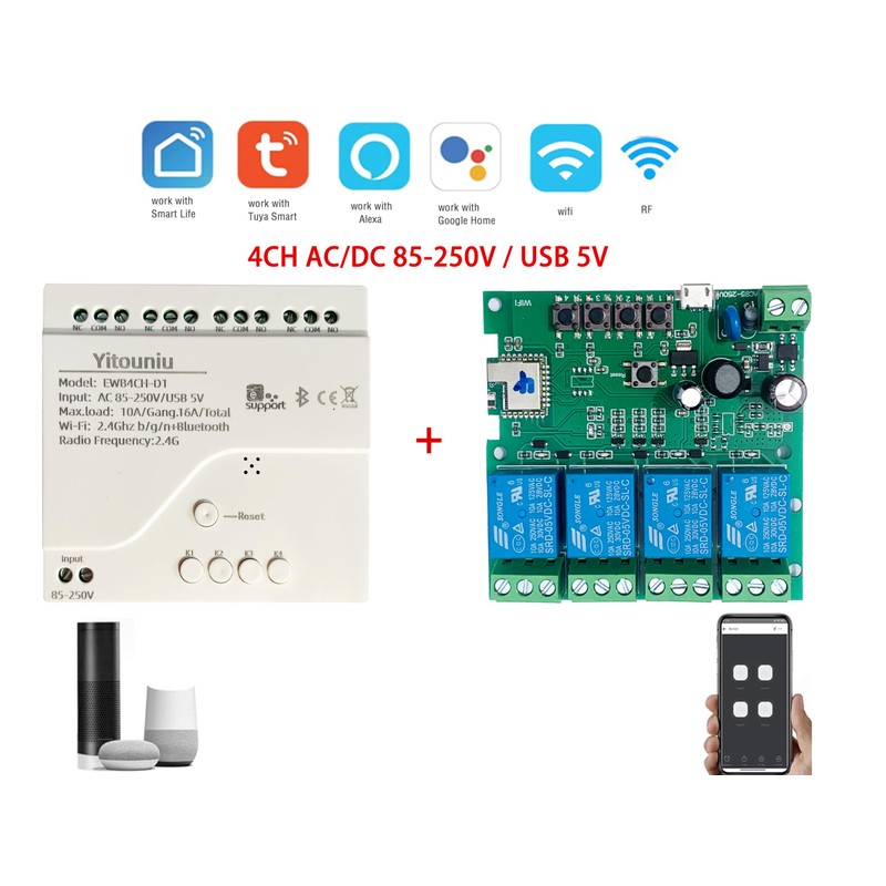 Yitouniu EWeLink 4CH Smart WiFi 85-250V Switch Controller, APP Remote