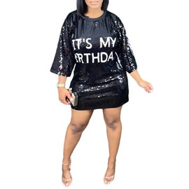 ALLUMK Women Fashion Bling Sequin T Shirt Dress Letter Print Party Club Mini Dresses Black XL