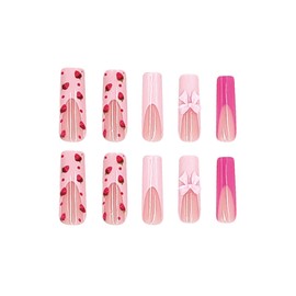 SINHOT Long Press on Nails 3D Butterfly Square Fake Nails White Pearls Acrylic Nails Glossy Glue on Nails Cute Strawberry Squoval Artificial Nails Stick on False Nails with Design 24 pcs