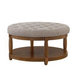 24KF Upholstered Round Coffee Table with Wooden Shelf, Tufted Button Large Round Ottoman with Spindle Wooden Legs, Linen Large Footrest Ottoman Pouf for Living Room, Linen