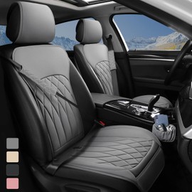 BEITK 2 Pack Leather Front Car Seat Covers, Universal Sideless Car Seat Protectors with Storage Pocket and Seat Belt Pads, Waterproof Automotive Seat Cover for Cars Trucks SUV(Grey)
