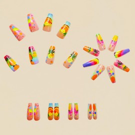 24Pcs Summer Press on Nails Medium Square Coffin False Nails with Mix-Color Dots Design Colorful Pineapple Rainbow Fake Nails Blue Gradient French Tips Stick on Nails Glue on Nails for Manicure DIY