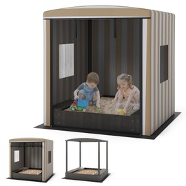 HONEY JOY Kids Sandbox with Canopy, Fir Wood Sand Pit w/Roll-up Mesh Door, Bench Seat & Collapsible Box, Bottom Liner, Outdoor Sand Box for Backyard, Garden, Patio, Beach, 57 x 54 x 52.5 inch, Brown