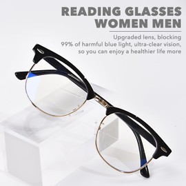 OPTOFENDY Reading Glasses for Women Men, Half Frame Retro Semi Rimless Blue Light Blocking Readers, Clear Lens Anti Eyestrain 2Black 1.5x