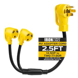Iron Forge Cable RV Cord, Generator and RV Electrical Adapter Power Cord, 14-50P Male Plug to Two TT-30R Female, 2.5 Ft Plug Adapter - 10/4 STW Yellow