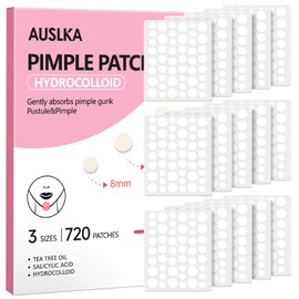 AUSLKA Pimple Patch Bulk,720 Pimple Patches for Face, Hydrocolloid Spot Patch Stickers for Zits& Blemishes, Suitable for Body, Cheek, Forehead, Chin and Back(8mm, 10mm,12mm)