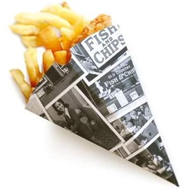 LGT 50 x Newspaper Design Chip Cones/Holders. Recyclable. Disposable. Food Safe. Fun Design, Grey