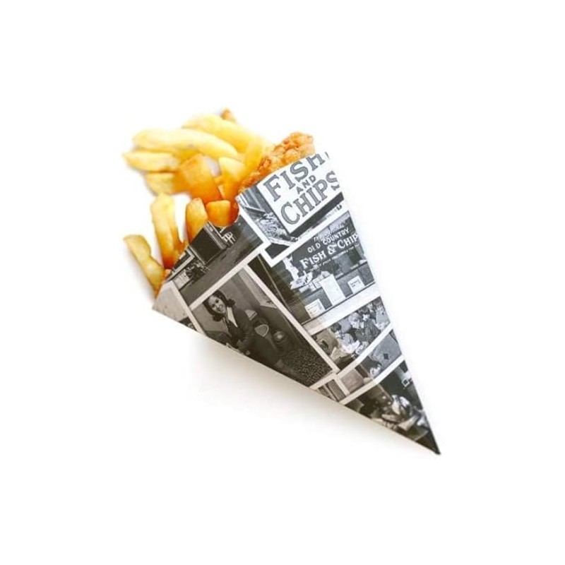 LGT 50 x Newspaper Design Chip Cones/Holders. Recyclable. Disposable. Food