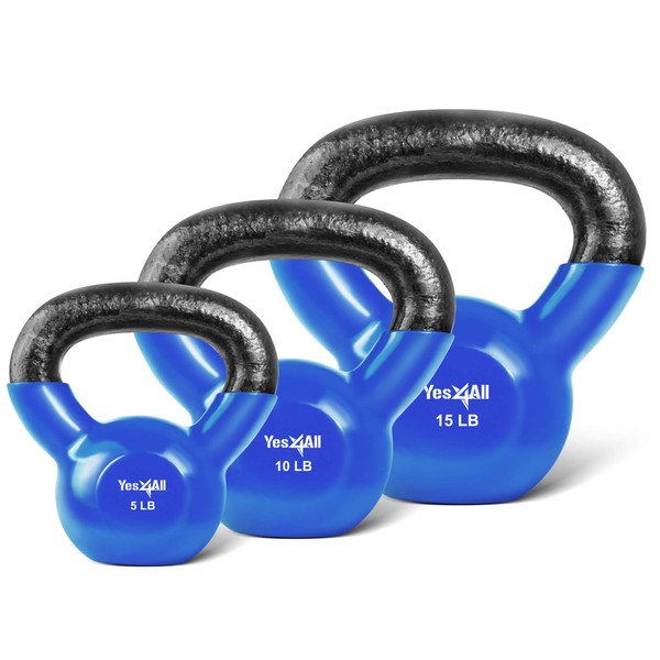 Yes4All Combo Vinyl Coated Kettlebell Weight Sets – Great for Full Body Workout and Strength Training – Vinyl Kettlebells 10 15 lbs, Blue, Model: K9OF