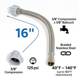 DecoSource Toilet Connector - Braided Stainless Steel Toilet Hose with 3/8 Female Compression Thread x 7/8 Female Ballcock Thread - Toilet Water Supply Line (Pack of 2, 16 Inch Long)