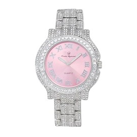CHARLES RAYMOND Women's Luxury Crystal Iced Out Diamonds Watch, a True Testament to blinged-Out Beauty and Timeless Glamour - L0504 LA (L0504 SLV-Pink)