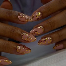 Short Almond Press on Nails for Women Fake Nails with 3D Gold Flowers French Tips Acrylic Nail for 24 Pcs (Gold-7, M-7)