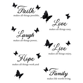 6 Pieces Faith Hope Love Laugh Family Live Wall Decal Sticker Motivational Wall Decal Sticker with 12 Pieces 3D Butterfly Decal Inspirational Quotes Sticker Set for Home Office Decor (Black)