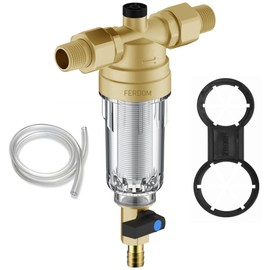 FERDOM FD177 Pre-Filter Water Filter for Sediments, Reusable. Stainless Steel SS316L, 90 Micron, 1/2" Water Connection, Maximum Flow Rate: 2.5m3-H. Brass Head, Transparent Body