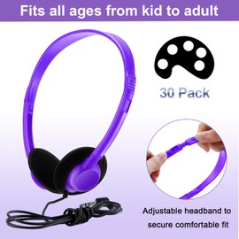 Yunsailing 30 Pack Class Set Headphones for Students Bulk School Headsets Earphones with 3.5mm Jack Classroom Must Haves Teacher Supplies for Adults Laptop Computer(Purple)