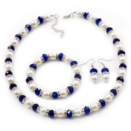 Avalaya White and Royal Blue Imitation Pearl Bead With Diamante Ring Necklace/Flex Bracelet & Earrings Set - 44cm L/ 4cm Ext
