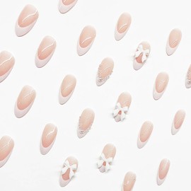 24Pcs Cute Almond Press on Nails Short Fake Nails with 3D Bow Pearl Design French Tip False Nails Artificial Almond Nails Press ons Full Cover Reusable Stick on Nail for Women Manicure Decoration