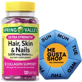 Extra Strength Hair, Skin & Nails Dietary Spring Valley Supplement, Biotin, Collagen, Gelatin 120 ct Includes Pill Organizer