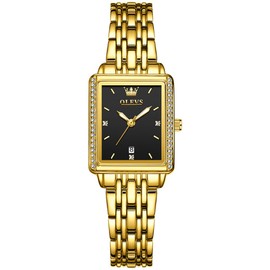 OLEVS Gold Watches for Women Black Face Small Wrist Analog Quartz Watches Luminous Waterproof Gold Slim Dress Women Watches Classic Fashion Stainless Steel Square Watches for Women