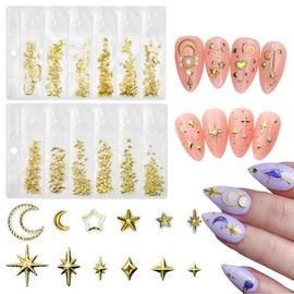 DANNEASY 400Pcs Star Nail Charms Gold Moon and Star Charms for Nails 3D Metallic Stars Nail Art Studs Rivets Manicure Jewelry Kit Nail Art Decoration for Nails Salon Accessories Women Girl