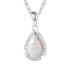 FANCIME Opal Necklace of 925 Sterling Silver, Water drops Pendant with CZ Cubic Zirconia October Birthstone Fine Jewellery for Women Girls, 16+2 inch