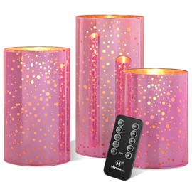 M Mirrowing Pink Glass Battery Operated Flameless Candles with Remote and Cycling 24 Hours Timer, 450+ Hours Flickering LED Candles Warm White Light for Home Décor, Christmas (Batteries Included)